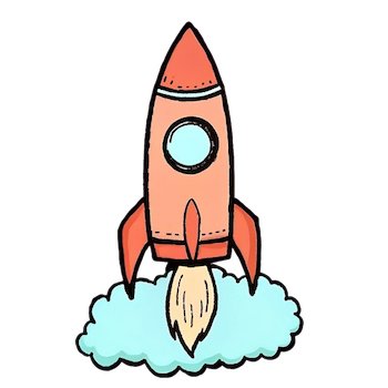 A simple illustration of a red rocket launching into the sky with a cloud below, symbolizing a mission or new beginnings.