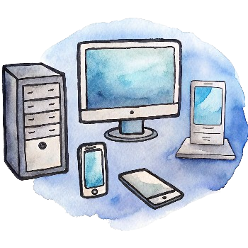 Watercolor illustration of various electronic devices, including a desktop computer, server tower, smartphone, tablet, and laptop, representing multiple forms of technology.