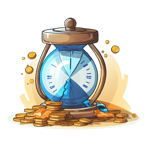 Illustration of a broken hourglass with coins scattered around it, symbolizing time and money or per-minute costs.