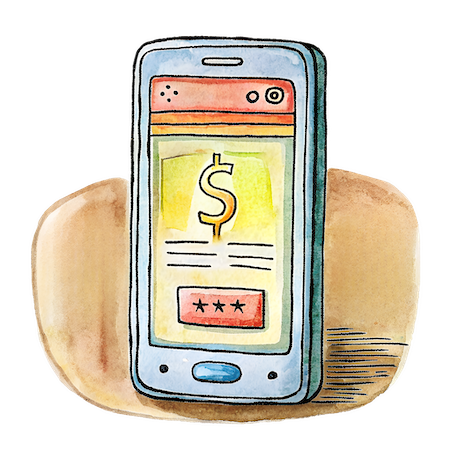 a smartphone with dollar signs on it in handdrawn style