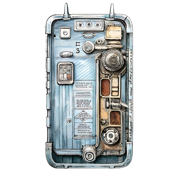 Detailed technical drawing of a vintage phone device with various mechanical components and specifications.