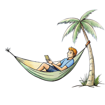 Illustration of a person relaxing in a hammock under a palm tree, using a smartphone, symbolizing the flexibility of VoIP services.