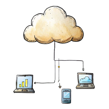 Illustration of a cloud connected to a laptop, smartphone, and another laptop, symbolizing cloud-based communication or cloud PBX.