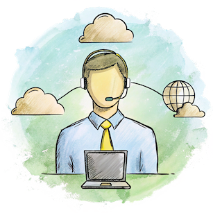 Illustration of a person wearing a headset with clouds and a globe, representing a VoIP call center or cloud communication.