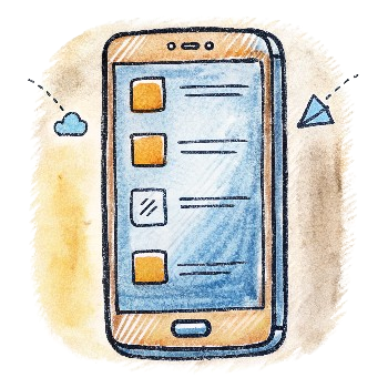 Illustration of a smartphone with a list of items and icons representing cloud storage and data sharing.