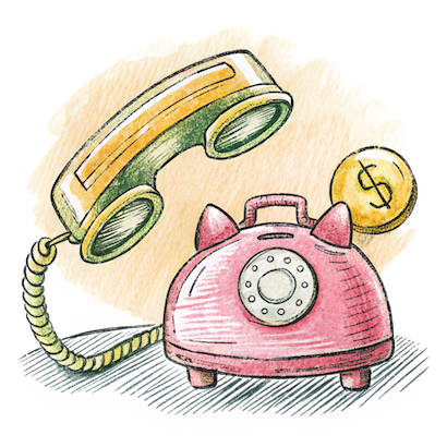 Illustration of a pink vintage rotary phone with piggy bank features, a detached green and yellow telephone receiver, and a golden coin with a dollar sign in the background, symbolizing saving money on phone calls.