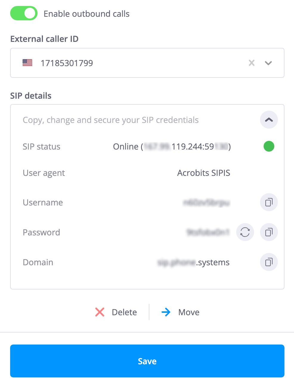 A screenshot showing the settings for a SIP account in the FlyNumber PBX interface, including caller ID and SIP credentials.