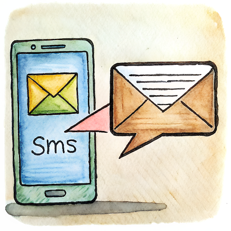 Illustration of a smartphone displaying an SMS message with an envelope icon, representing SMS to email conversion.