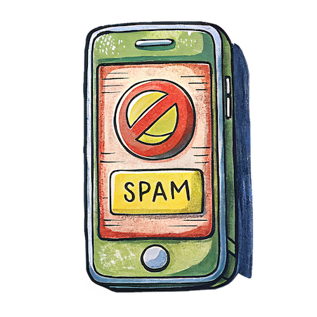 Illustration of a smartphone screen displaying a spam warning with a blocked symbol, representing spam phone call detection.