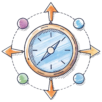 Illustration of a clock with directional arrows and surrounding icons, symbolizing time-based call routing.