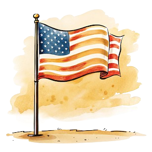 Illustration of the United States flag waving on a flagpole.