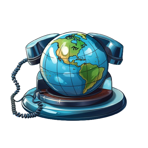 Illustration of a classic rotary phone with a globe as its base, symbolizing global communication.