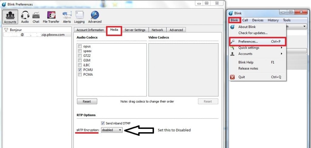Screenshot of blink app preferences highlighting media and sRTP setting