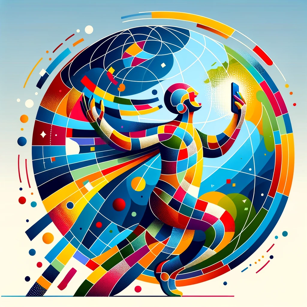 A vibrant geometric art piece showing a figure in motion against a circular background. The figure is composed of colorful segments in blues, reds, yellows, and oranges, creating a mosaic-like effect. The dynamic pose suggests communication and connection, with the figure reaching upward surrounded by abstract orbital patterns and floating geometric shapes. The overall design combines modern art with technological themes, perfect for representing global communication.