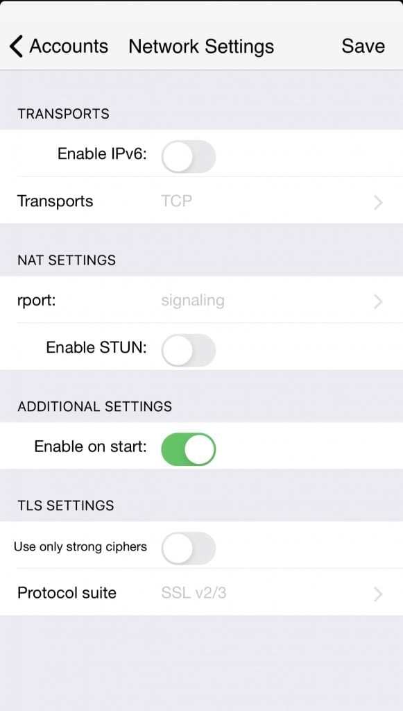 Network setting options screen for transports and STUN