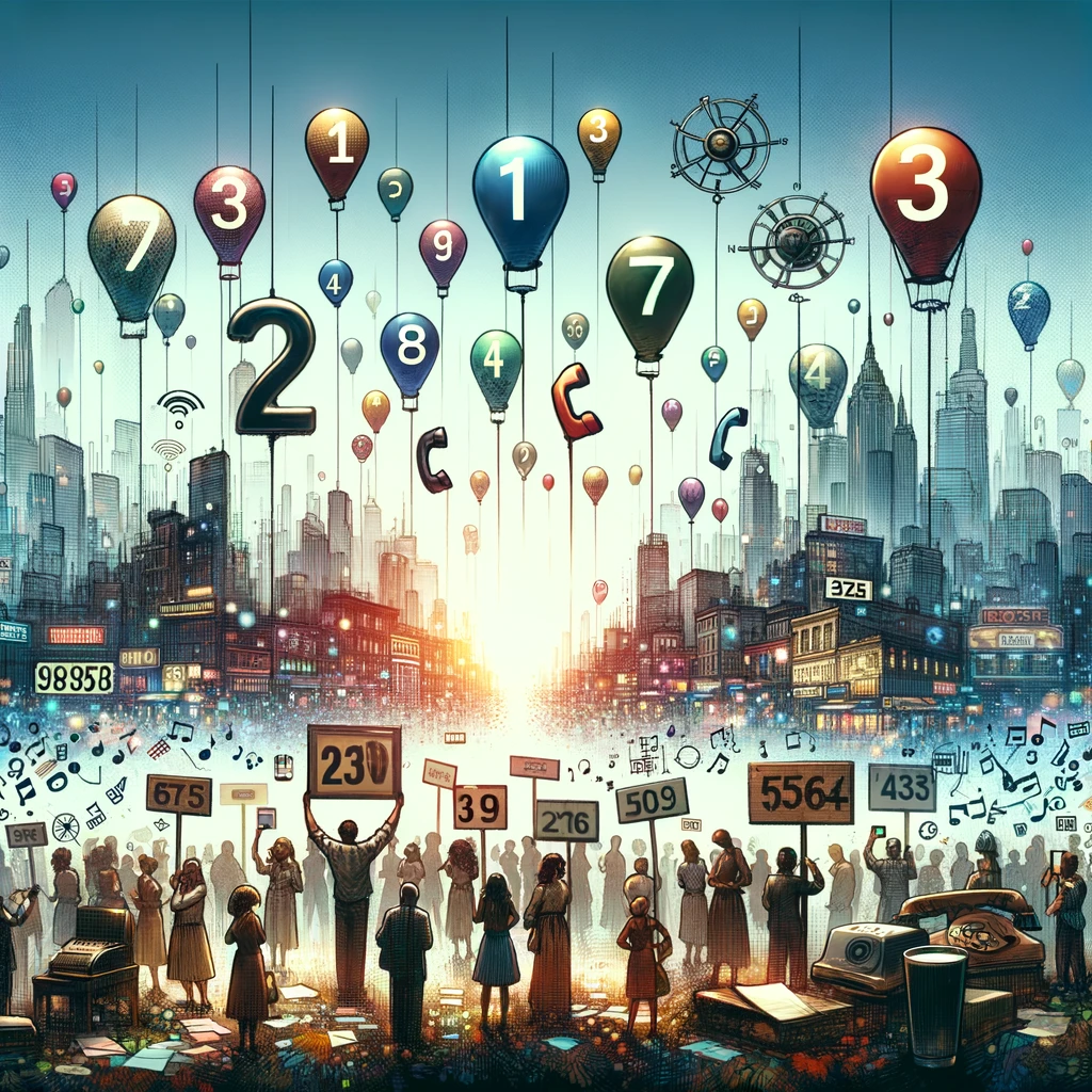 Artistic illustration of a city skyline with hot air balloons shaped like numbers floating above a crowd of people holding area code signs, with vintage phones and musical notes scattered around