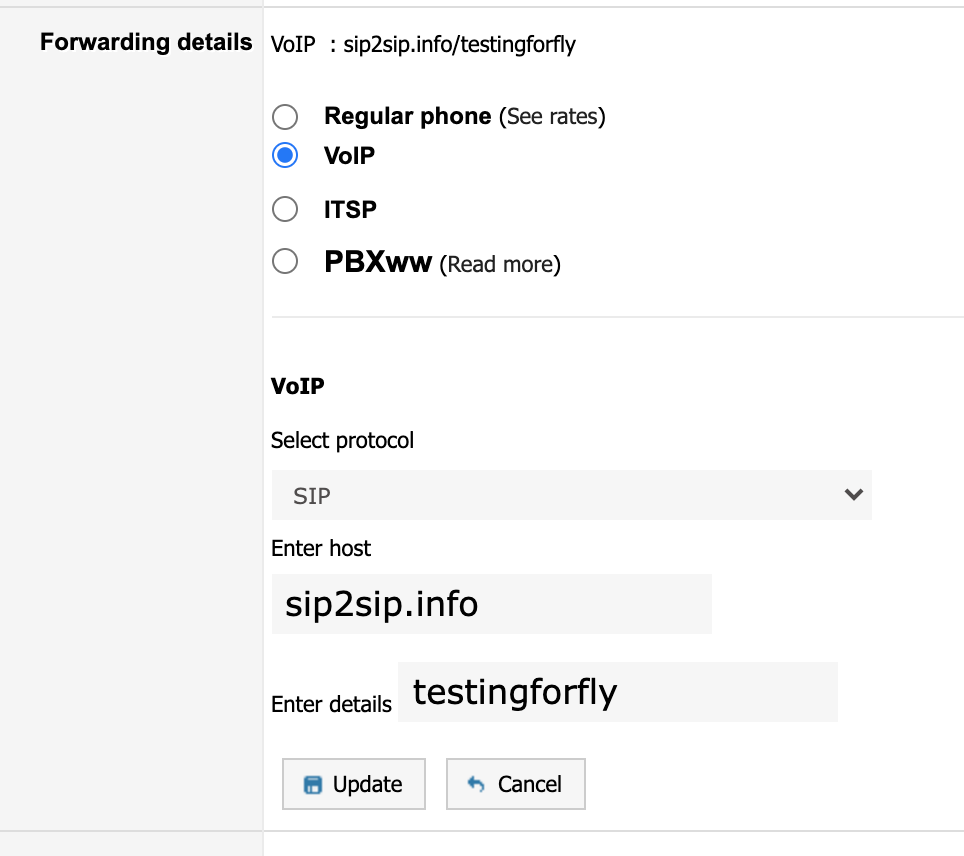 Screenshot of the FlyNumber change forwarding panel 