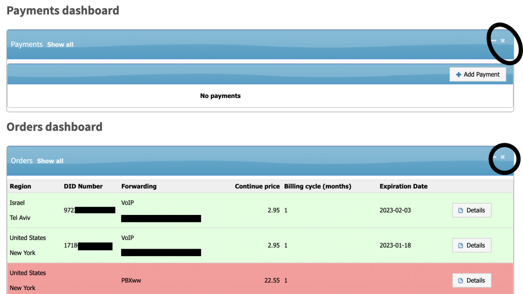 FlyNumber dashboard interface showing close buttons (x icons) on widgets that can be dismissed