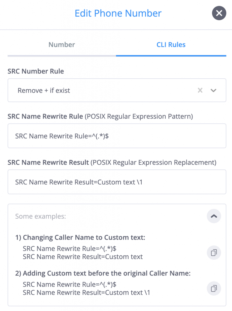 A screenshot of the flynumber PBX phone number module with the settings for cli rules