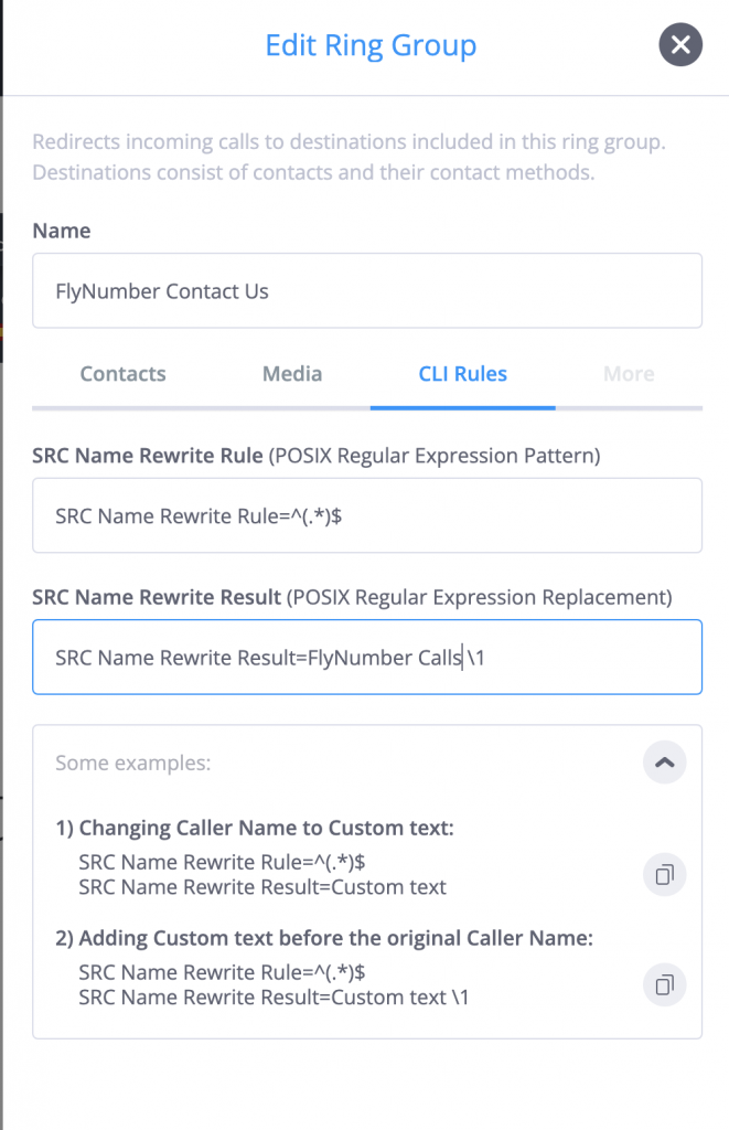 A screenshot of the flynumber PBX ring group module with the settings for cli rules tab open