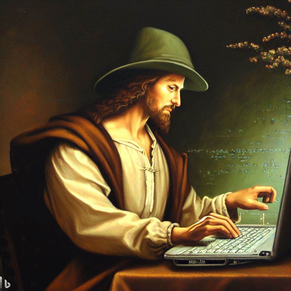 Renaissance-style painting of a man in medieval clothing and a green hat working on a modern laptop computer, creating a humorous contrast between historical and contemporary elements