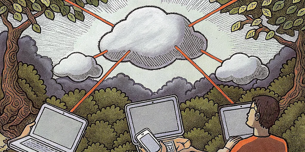 Illustration showing three people with laptops and mobile devices connected to a central cloud, surrounded by trees in a vintage woodcut style