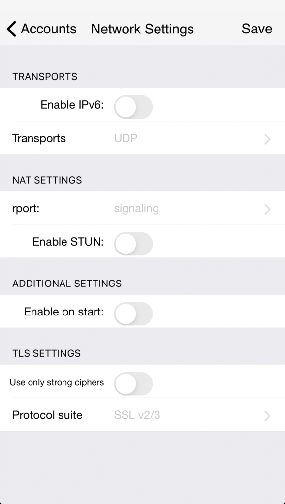 Configuration screen labeled network settings 