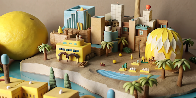 A clay rendering of Los Angeles with palm trees