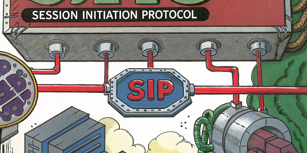 Illustrated depiction of the Session Initiation Protocol (SIP) with red pipes connecting to a central SIP module, resembling a mechanical system.