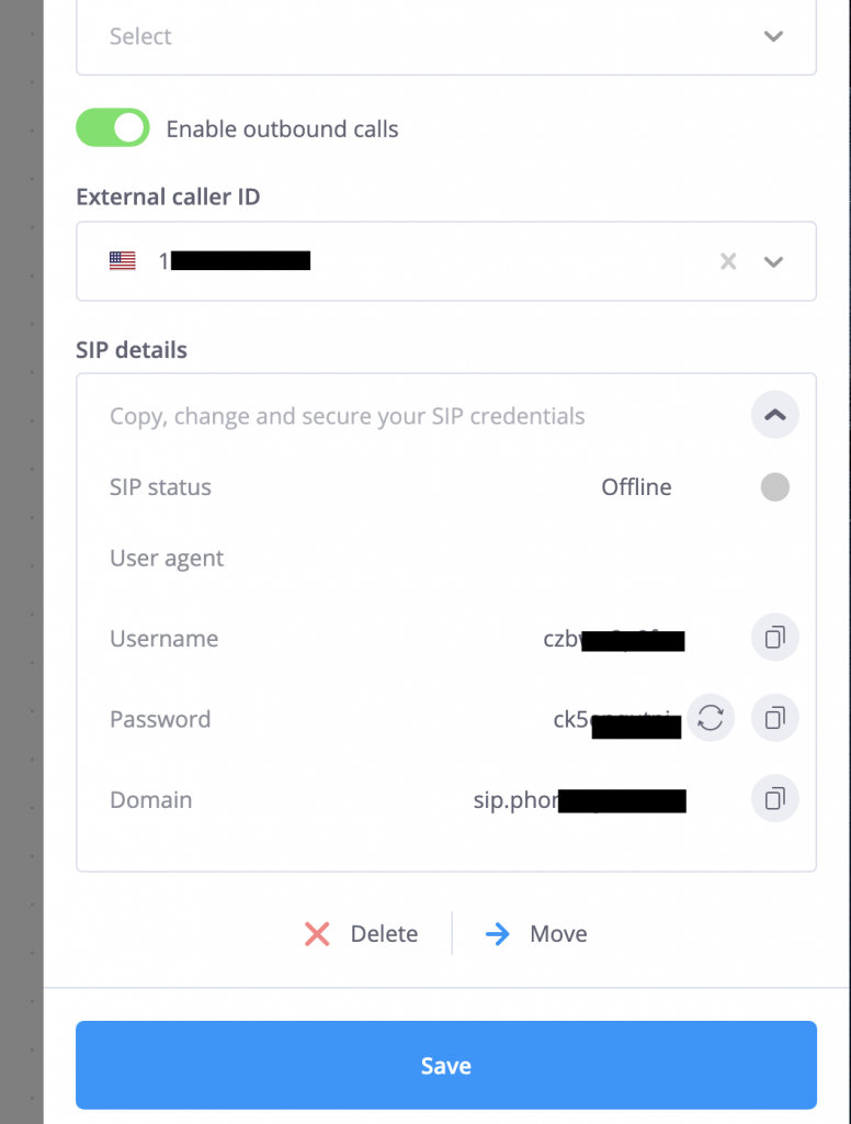 Configuration screen with options for outbound calls and a display of credentials