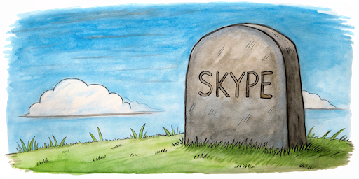 A cartoon-style illustration of a tombstone with 'SKYPE' engraved on it, set in a grassy landscape under a blue sky with clouds.