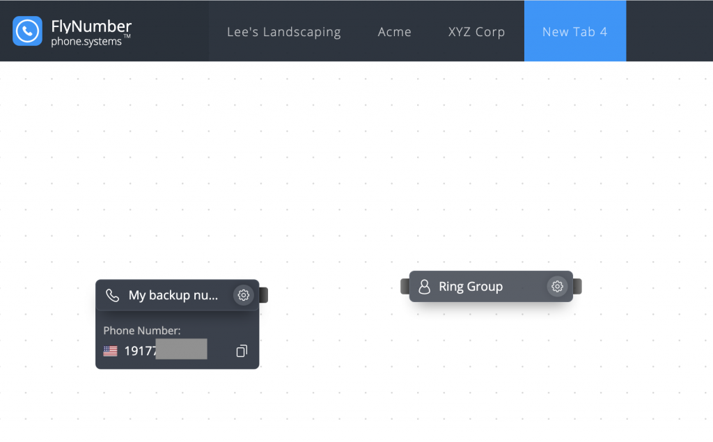 Dot grid canvas with 4 tabs on top and two modules labeled my backup number and another called ring group