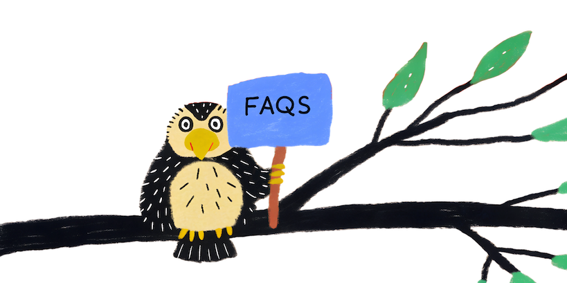 A bird holding a FAQ sign