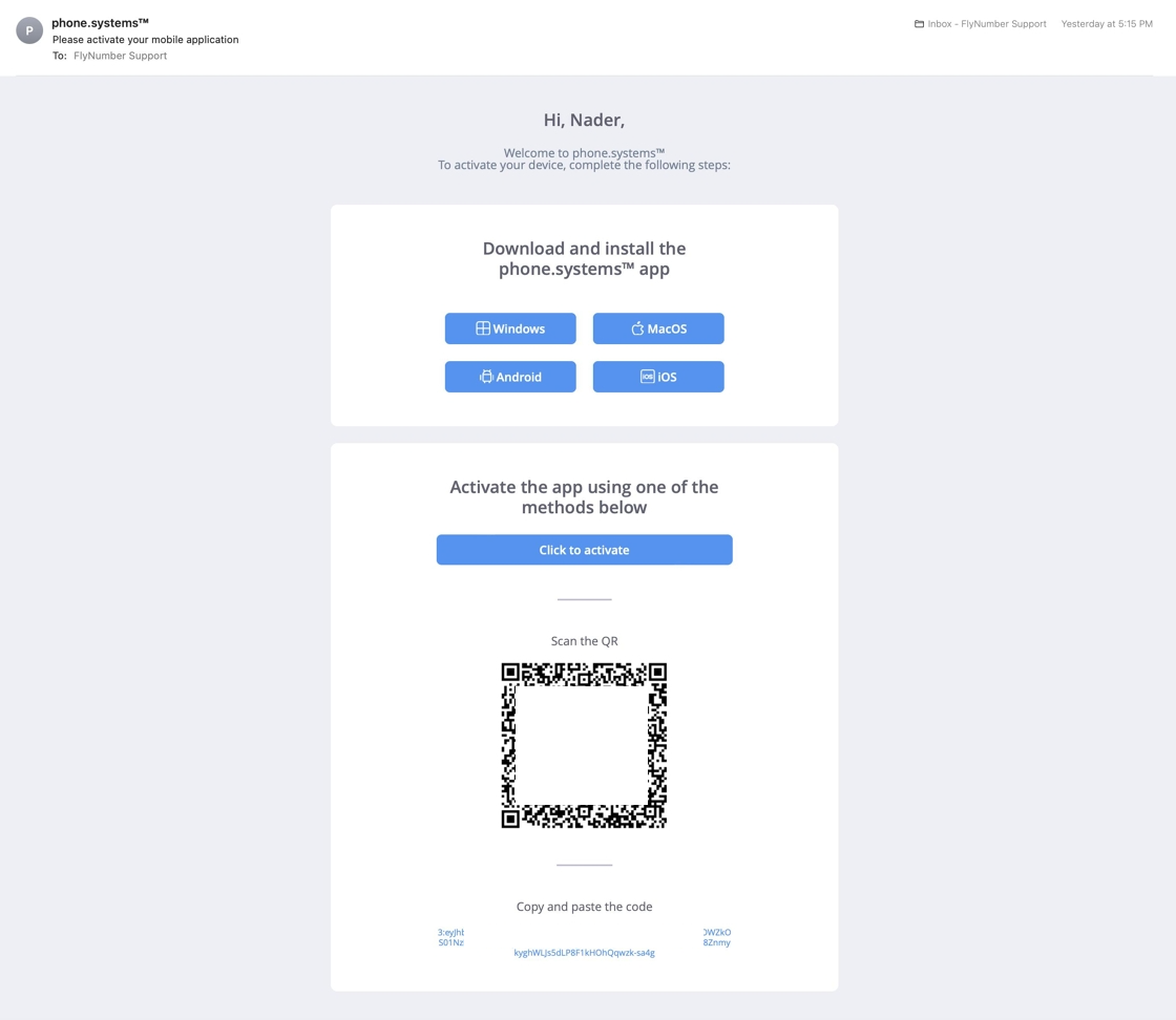 App activation email showing QR code and download links