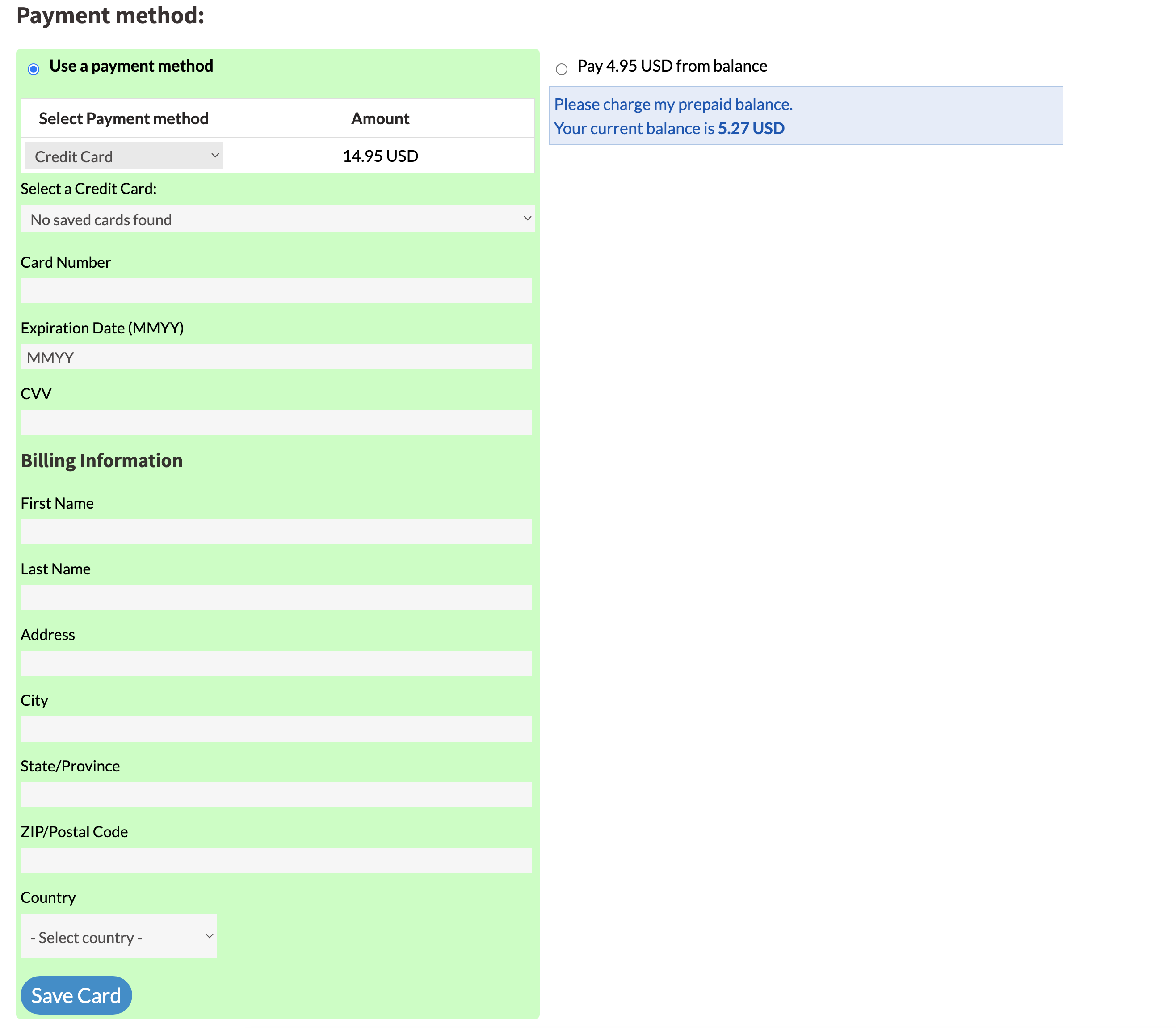 Add new credit card form showing fields for card details and billing information