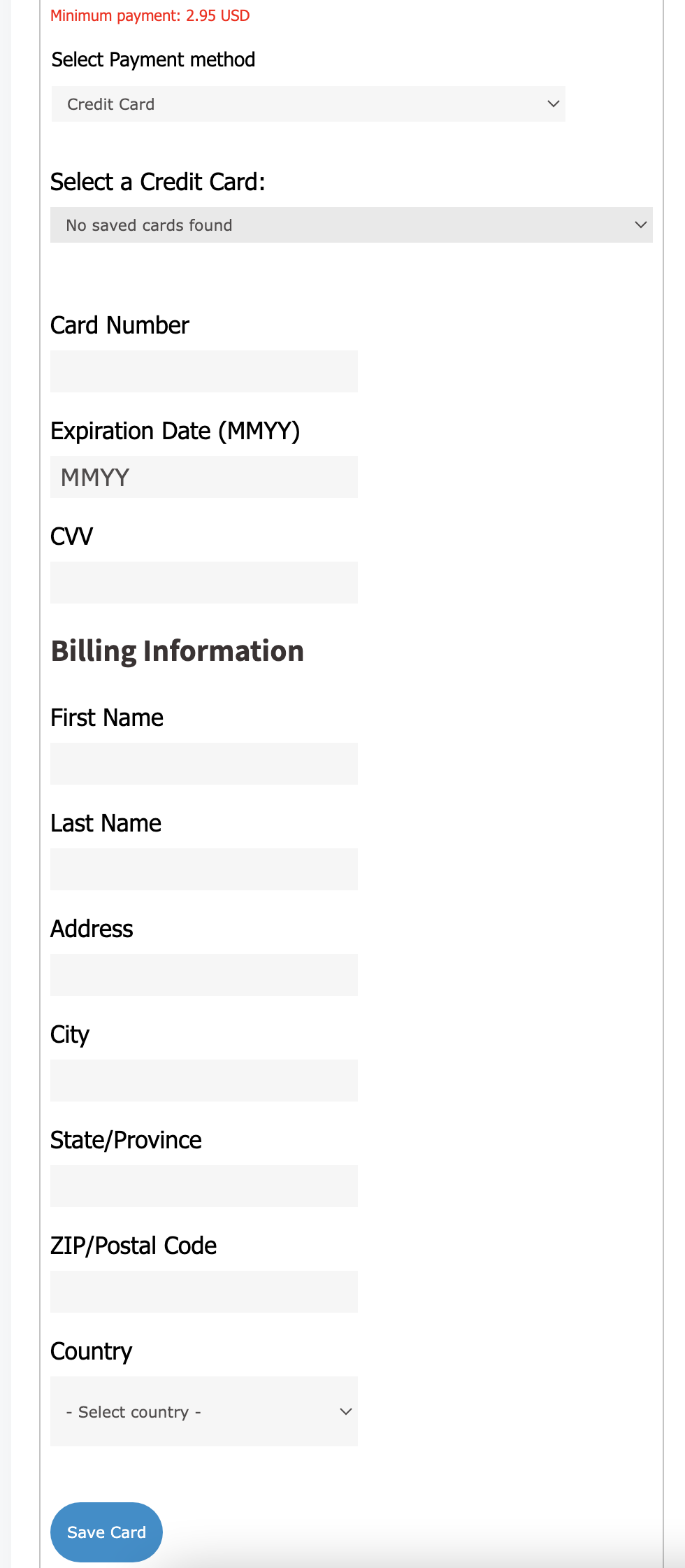 Form for adding a new credit card showing fields for card details and billing information