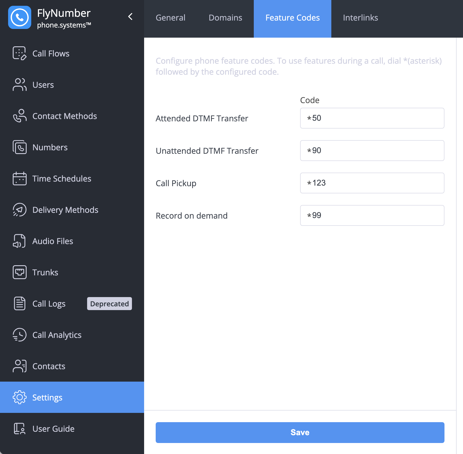 Feature codes configuration