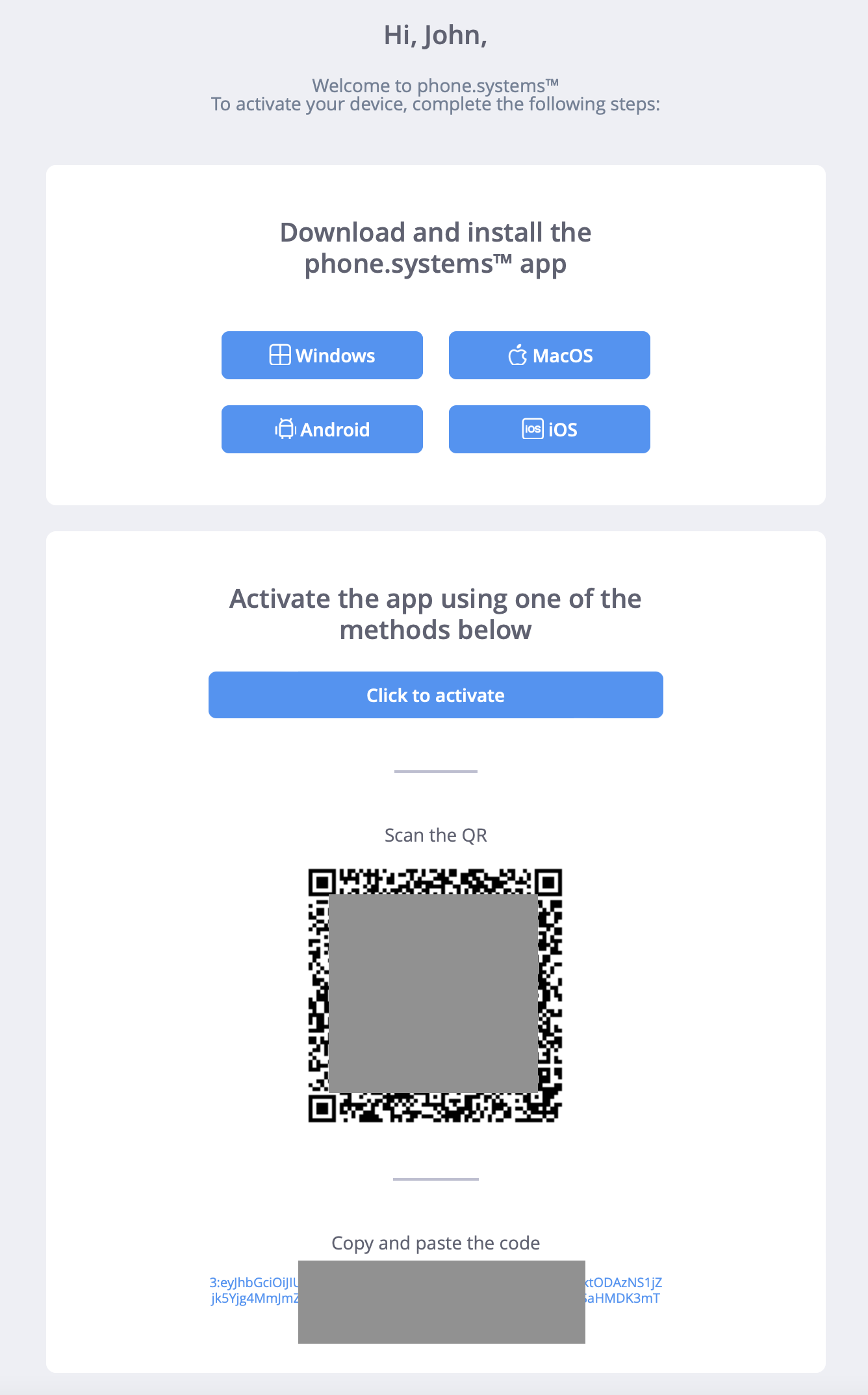 App activation email with download links and QR code