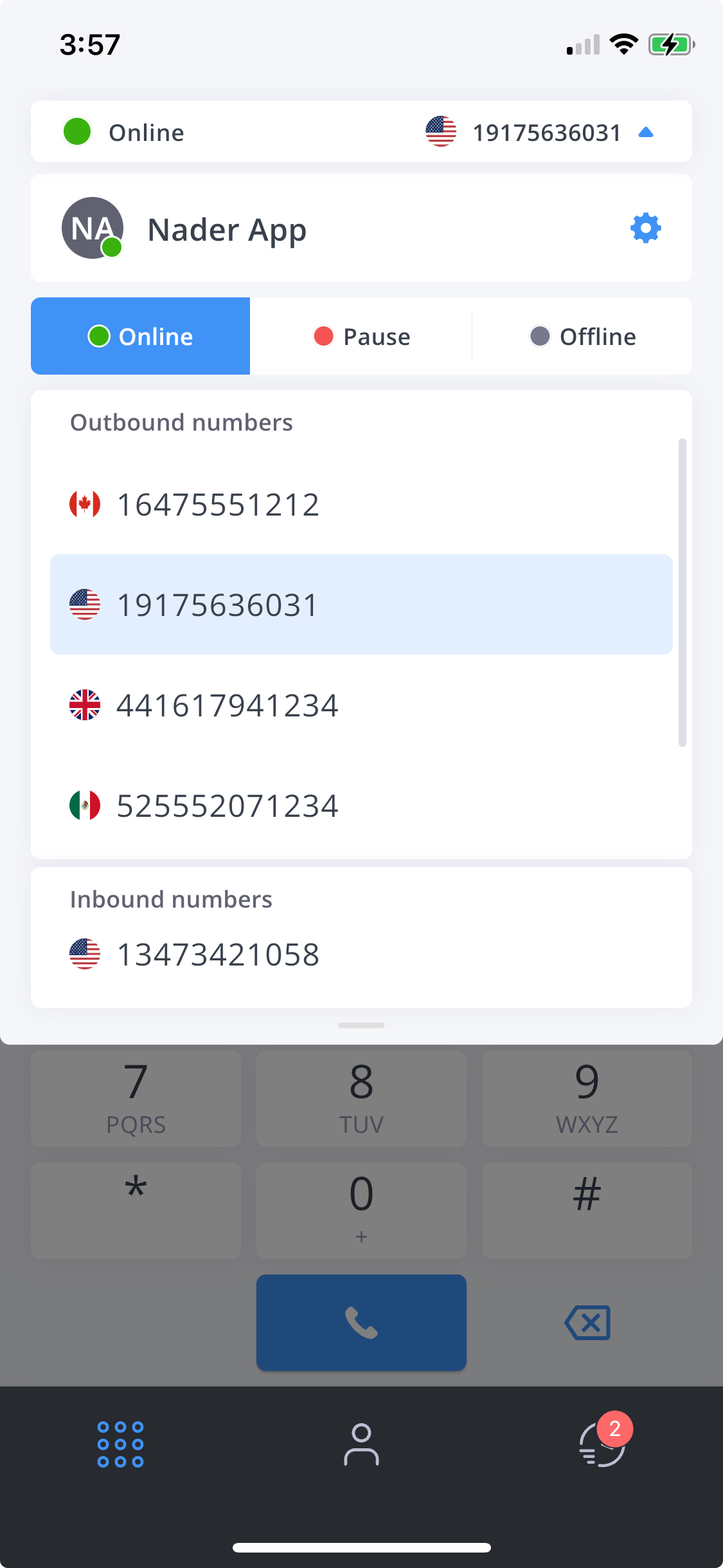 Phone System App interface showing number management and call controls