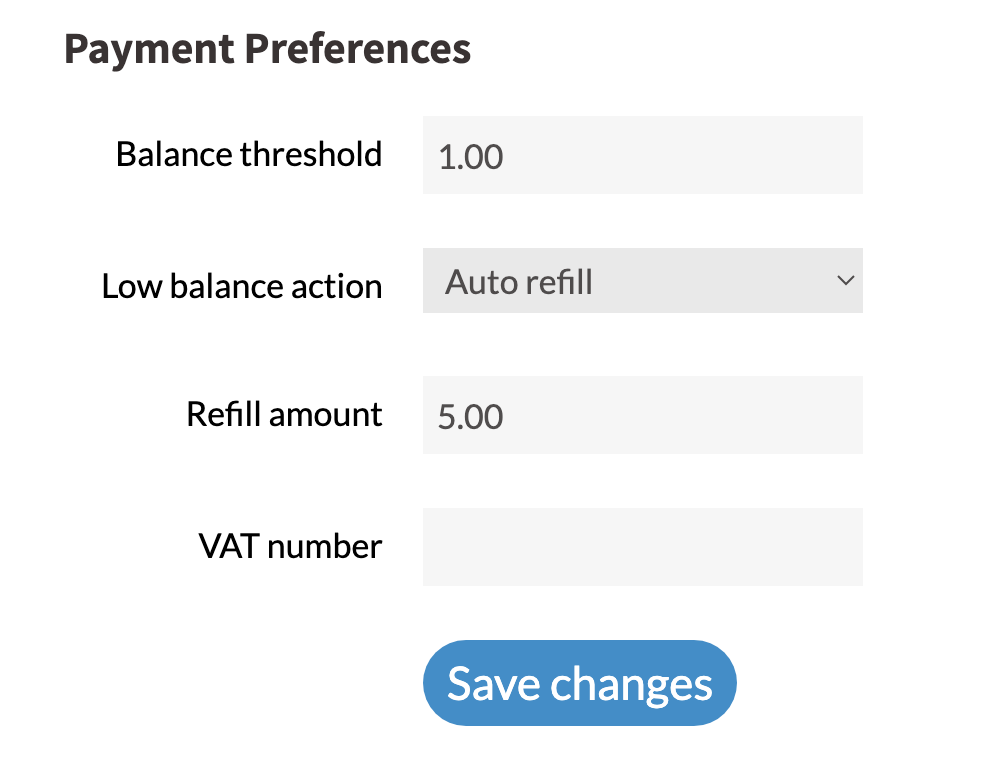 Auto-refill settings showing balance threshold and refill amount options