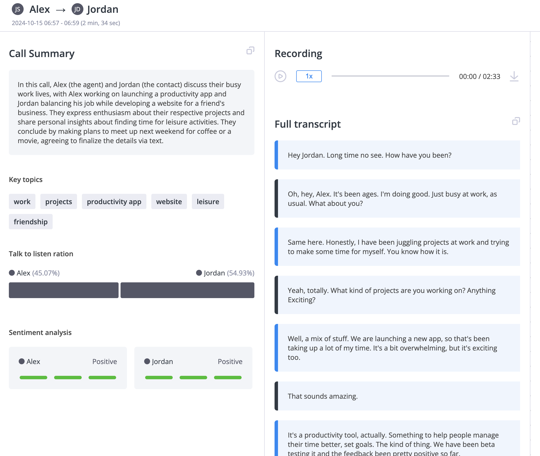 AI Call Insights column in call records