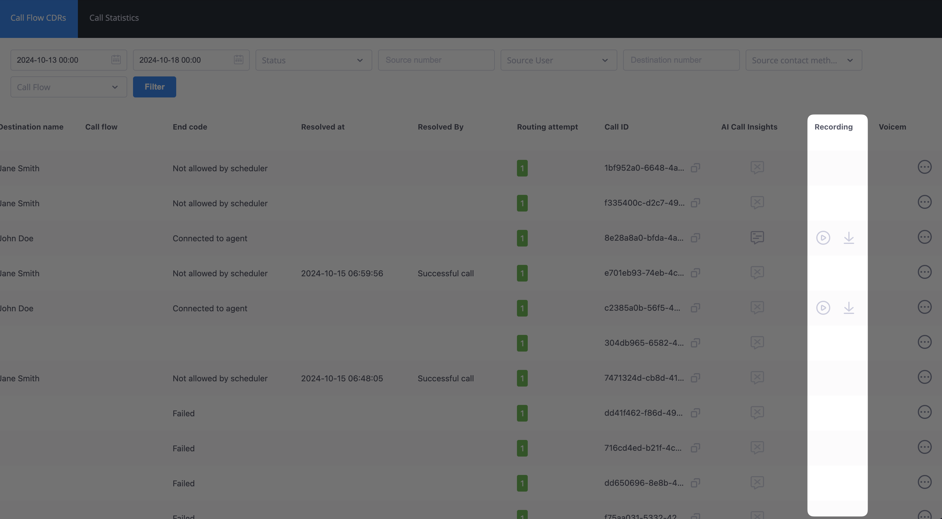 Recording playback and download options