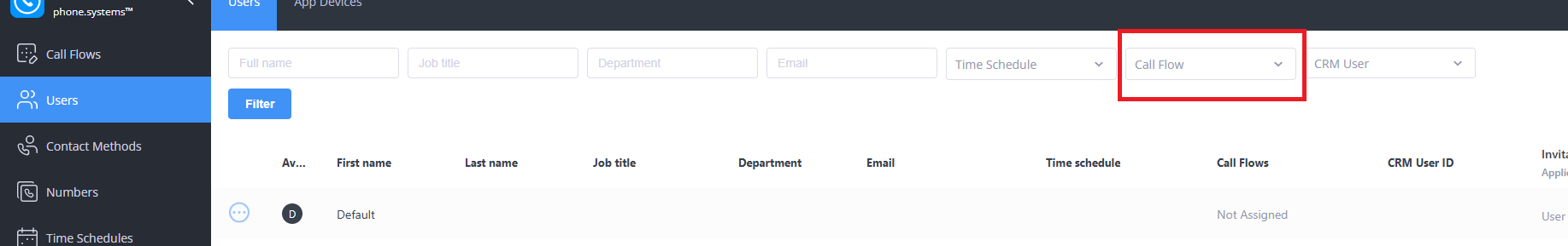 Users interface showing call flow filter dropdown