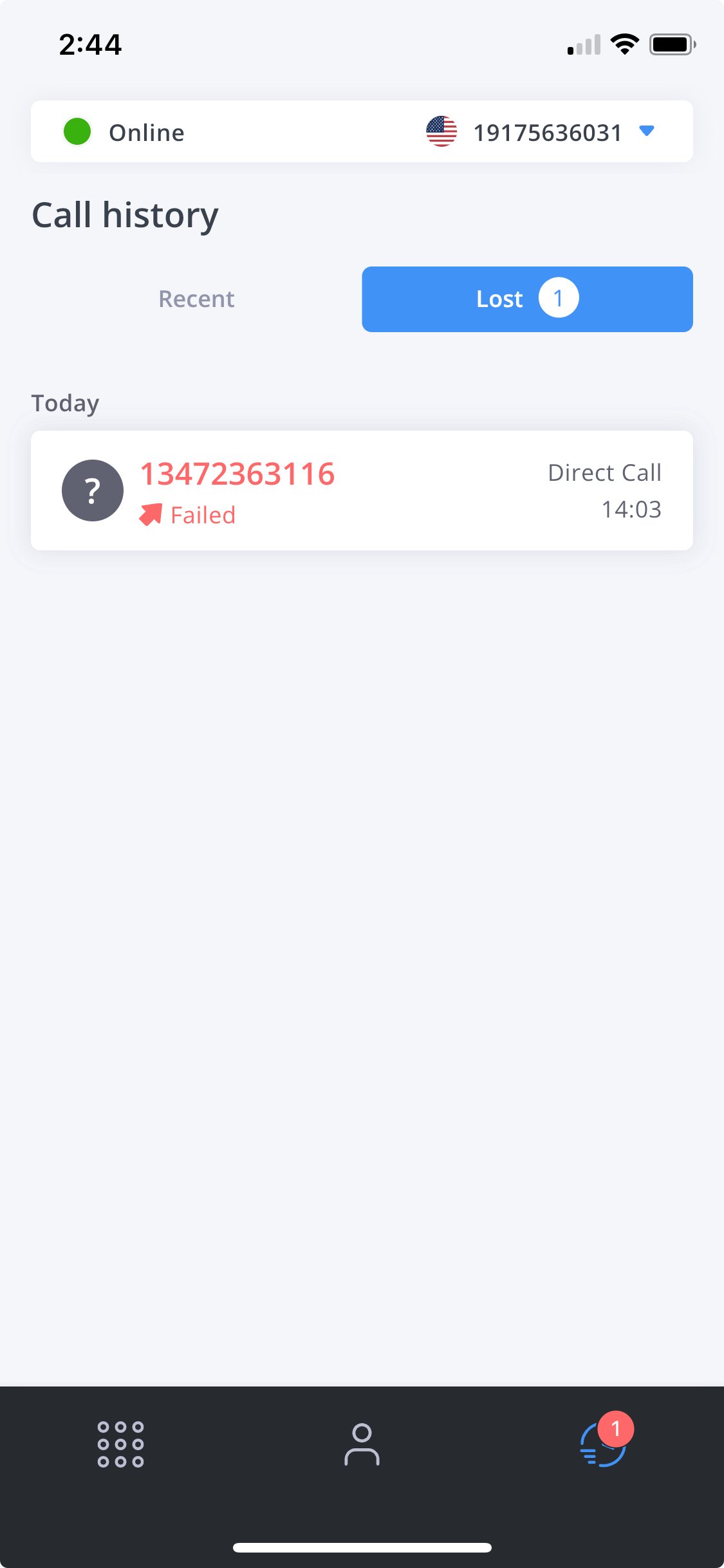 Failed calls list showing missed and failed calls