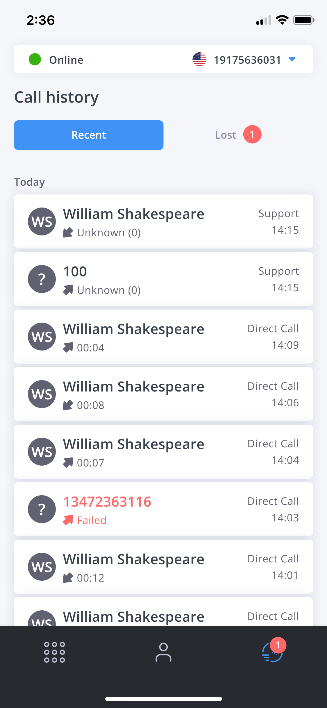 Call history interface showing recent calls