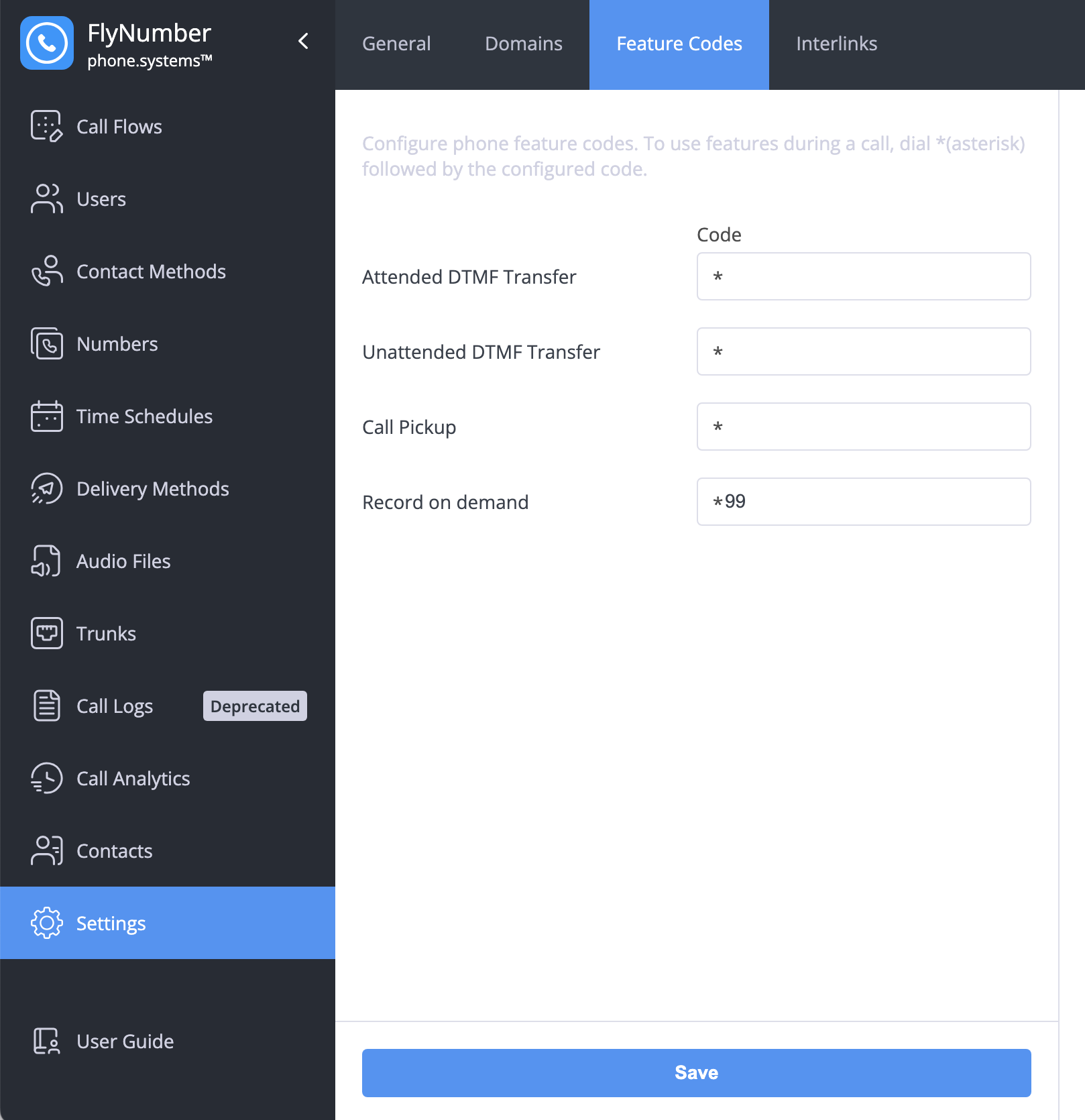 Feature code configuration for on-demand recording