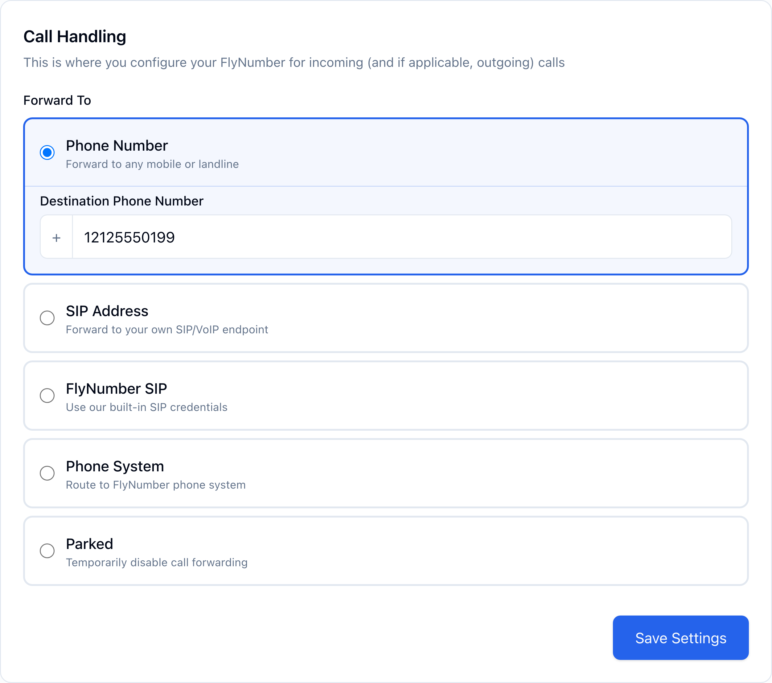 Call Handling card with Phone Number selected and a destination phone number entered into the Destination Phone Number field