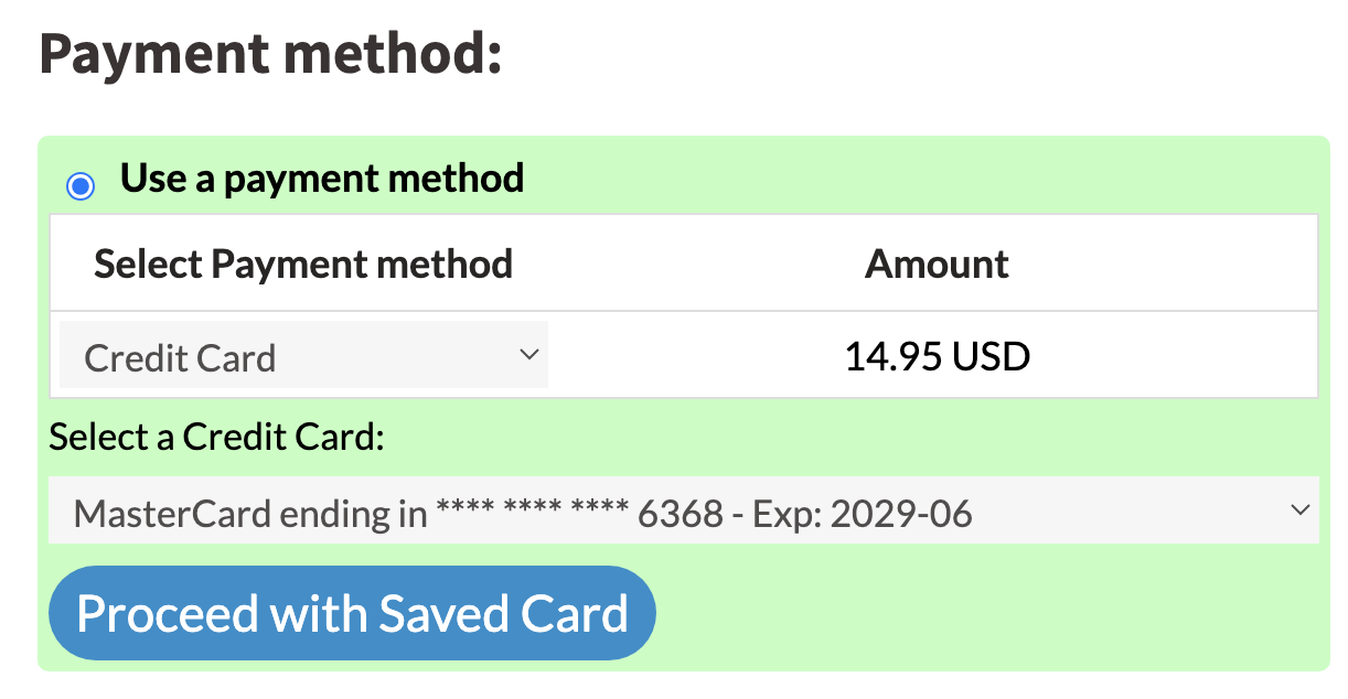 Payment screen showing saved credit card selection