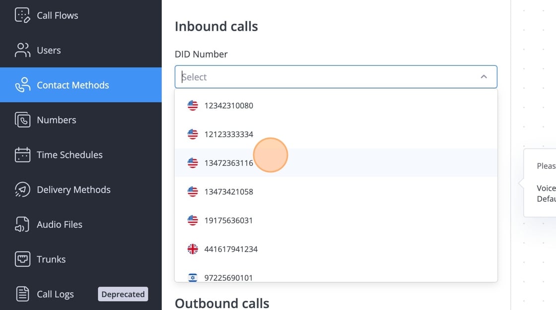 FlyNumber selection dropdown for incoming calls