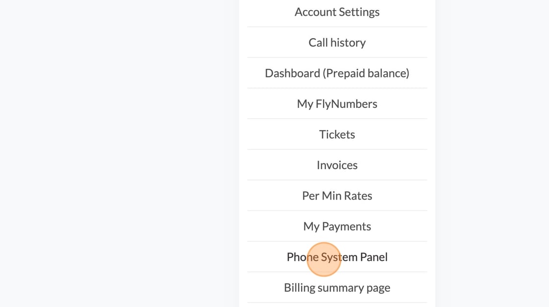 Side menu highlighting the Phone System Panel option